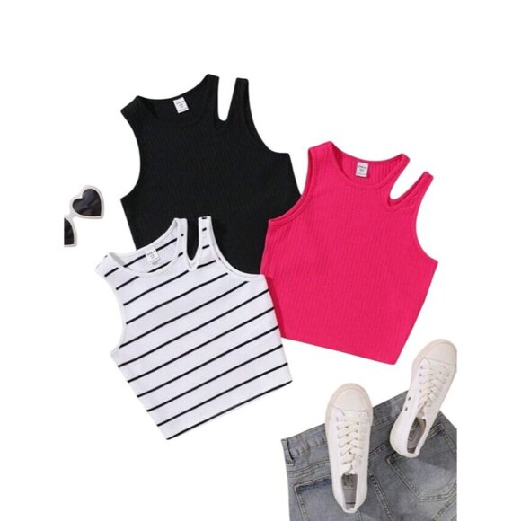SHEIN Tween Girl 3pcs Knitted Hollow Out Round Neck Casual Tank Top - Size 12 - Picture 1 of 6